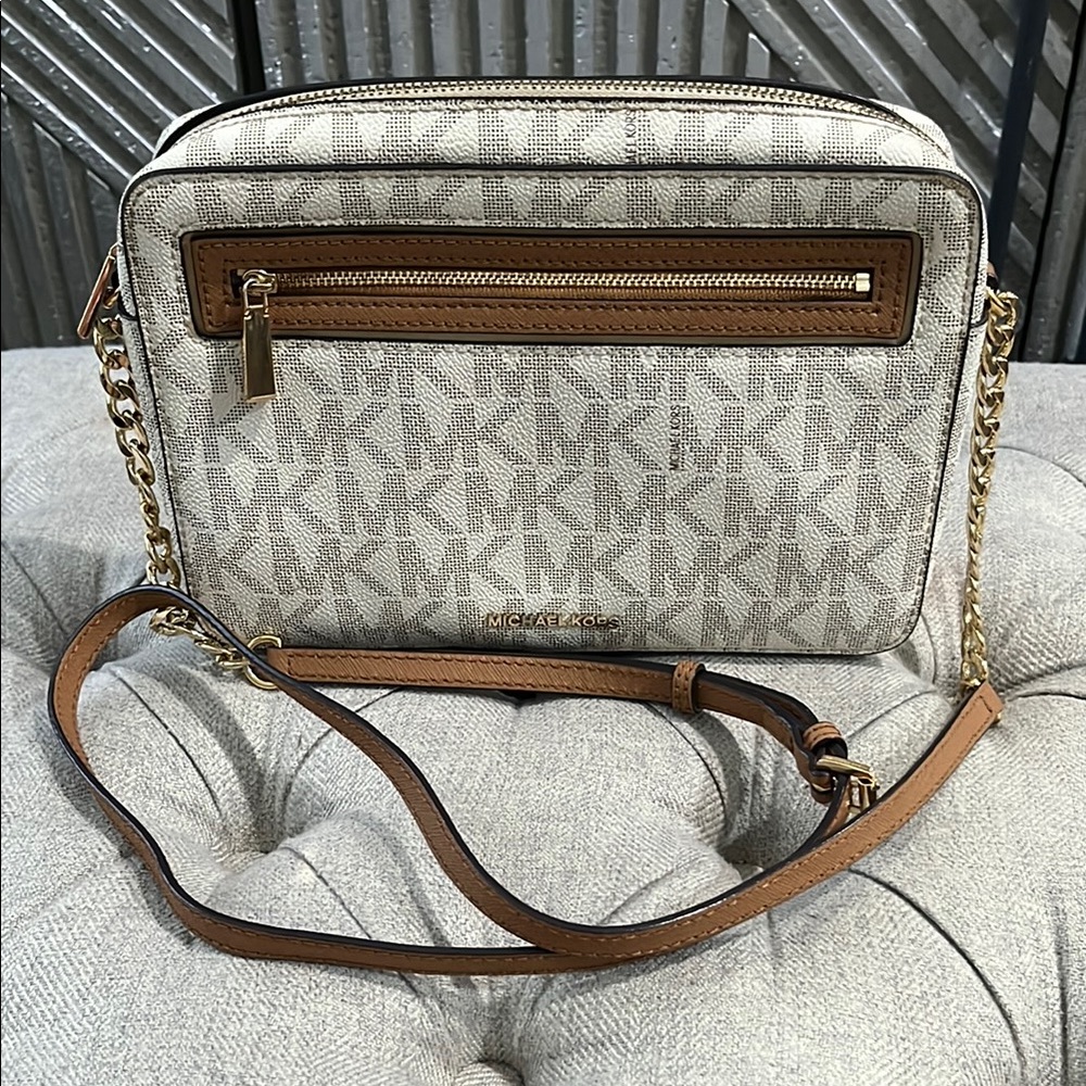 Michael Kors Cream Logo Crossbody with Tan Trim and Gold Hardware